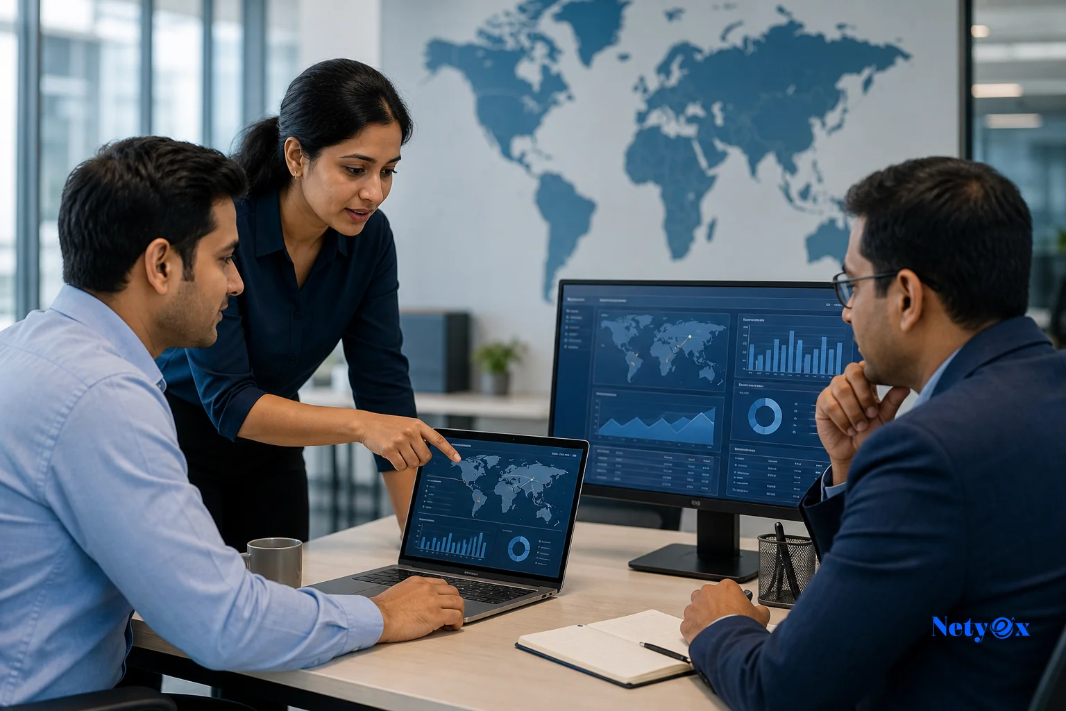 Sourcing team coordinating supplier verification and buyer communication from an office in India