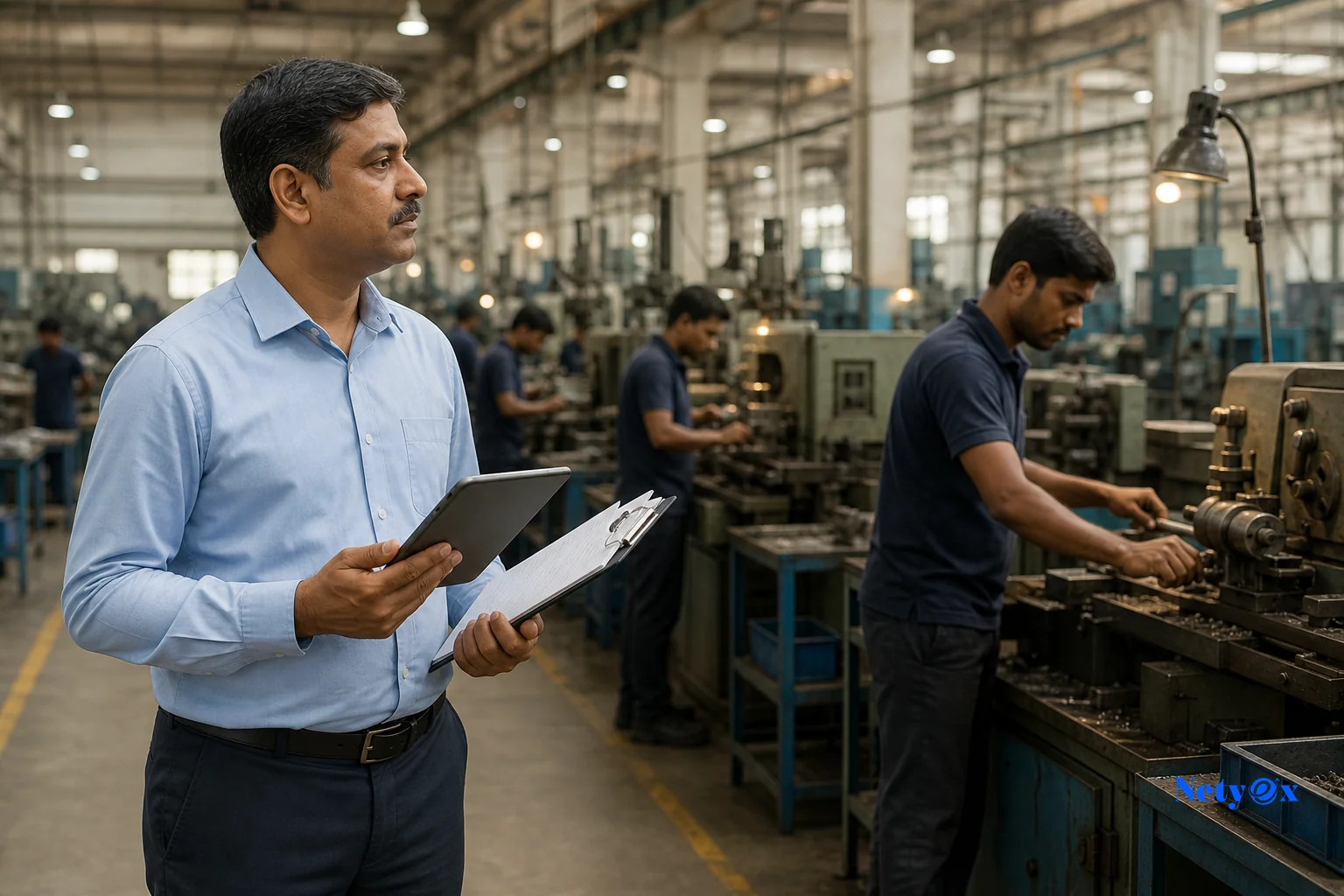 Auditor reviewing production floor operations and machinery during a factory audit at an Indian manufacturing unit