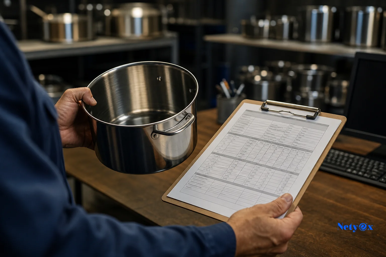 Close-up of stainless steel kitchenware with a certification document being reviewed. photorealistic close-up photo of a person's hands holding a stainless steel cooking pot next to a clipboard with material test certificate papers, warm