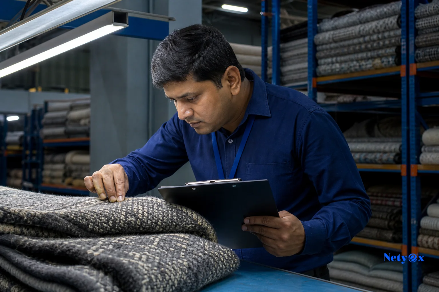 Close-up of a quality control inspector examining textile or rug products before shipment, checkpoint clipboard visible. Photorealistic photo of a quality control inspector in a textile or rug production facility in India, closely examining