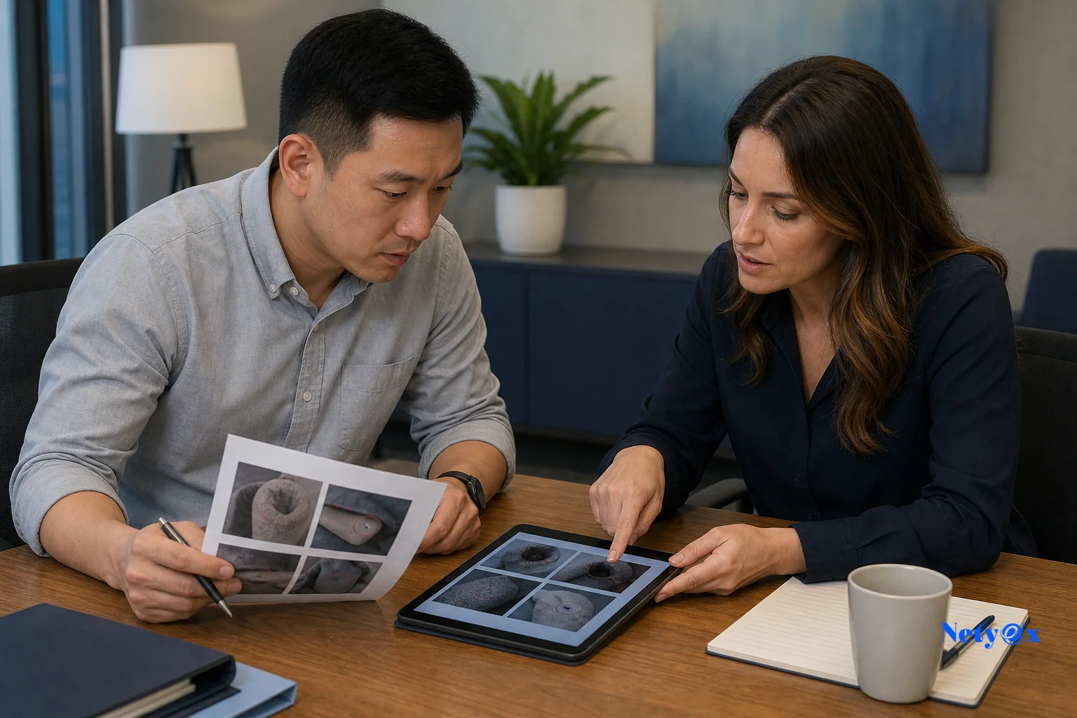 Two professionals reviewing a quality control checklist and inspection report together at a factory or office table. Photorealistic photo of two business professionals, one in business casual attire representing a buyer-side sourcing team