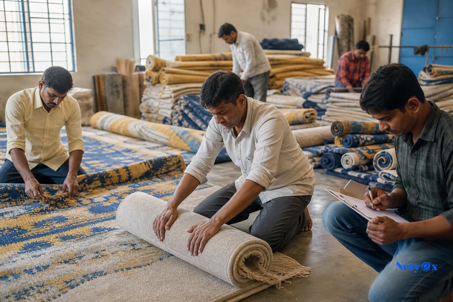 Hand-tufted wool rugs being inspected and rolled for export packaging in an Indian workshop. photorealistic photo of an Indian rug workshop, artisans carefully rolling and packing hand-tufted wool rugs for export, warm natural daylight