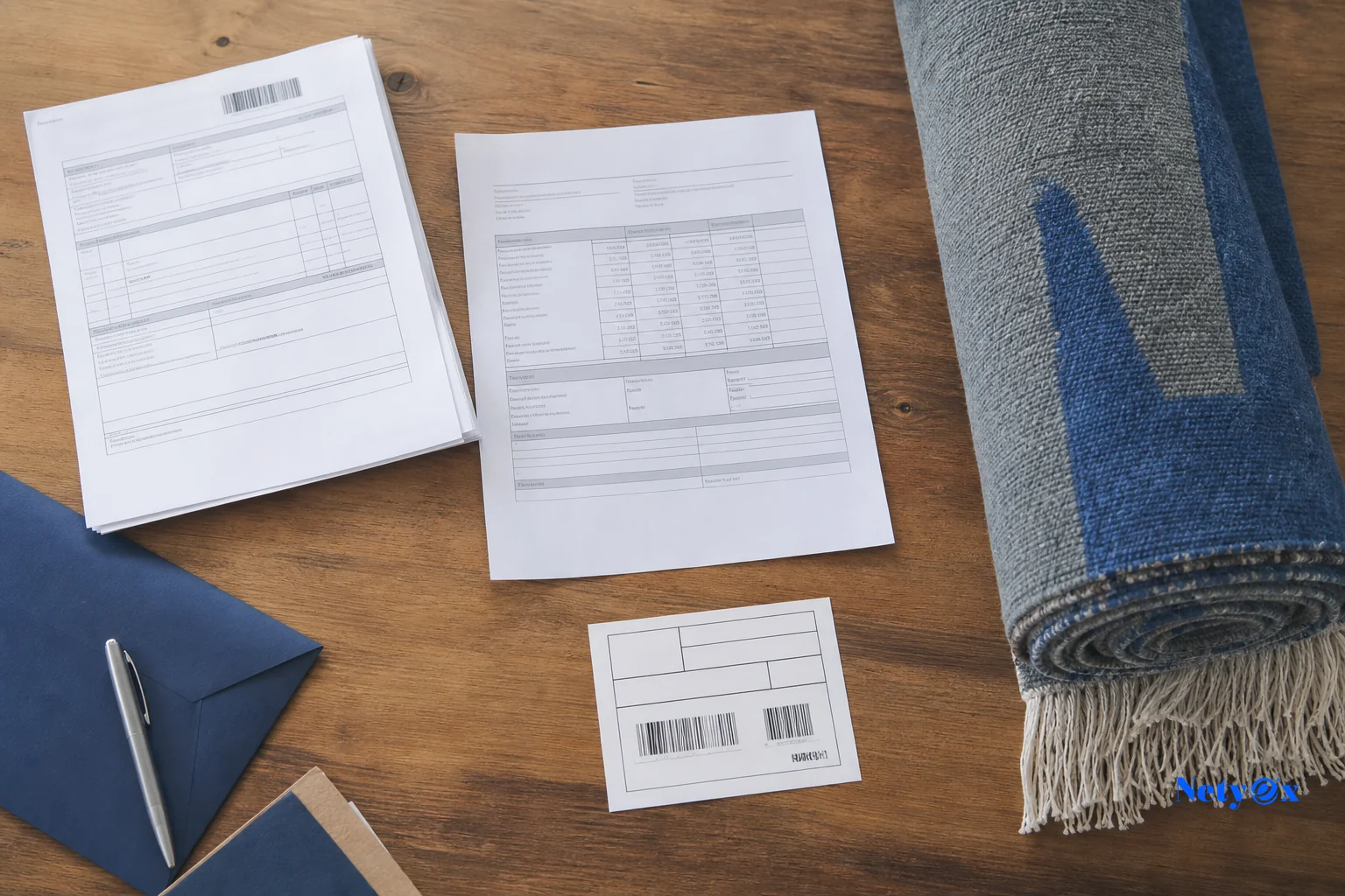 Export documentation, packing list and rug samples laid out on a table for pre-shipment verification. photorealistic photo of export documents, a packing list, and a shipping label next to a rolled wool rug sample on a wooden table, natural