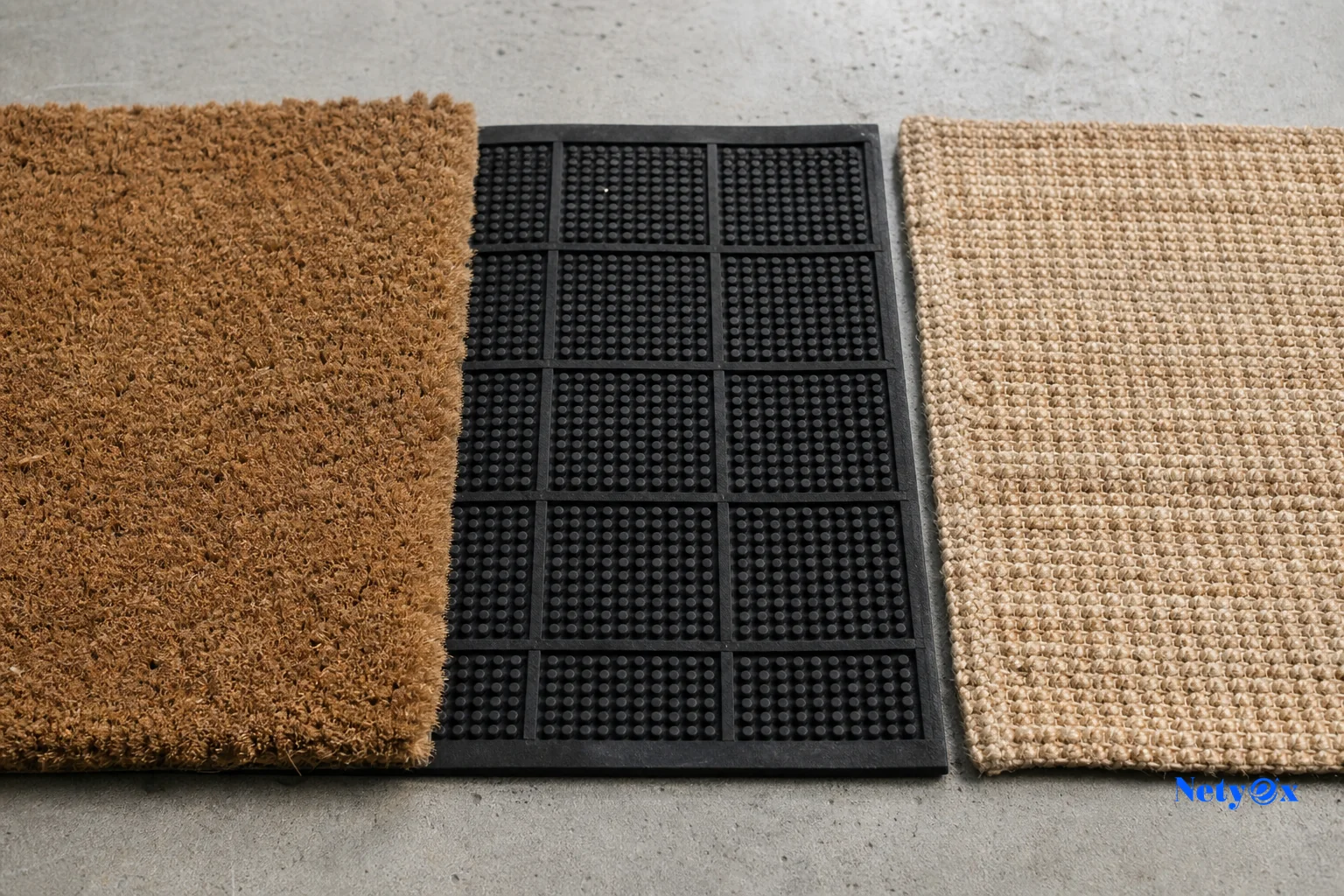 Close-up comparison of different doormat materials: coir, rubber-backed, and jute flatweave samples laid side by side. Photorealistic close-up photograph of three different doormat material samples laid flat side by side on a light concrete
