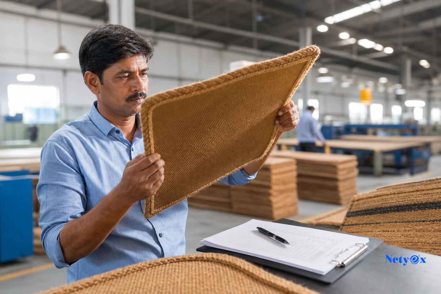 Quality inspector examining doormat stitching, backing, and fiber density in a factory setting in India. Photorealistic photo of a quality control inspector in India examining the backing and stitching of a coir doormat inside a bright