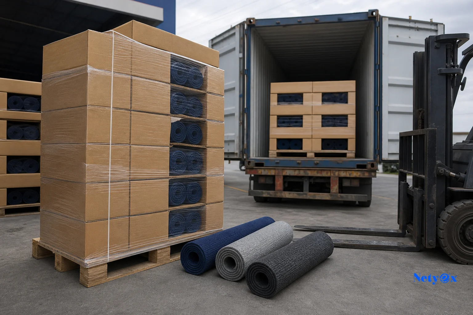 Export-ready doormats packed and palletized in cartons at an Indian port or warehouse loading dock, ready for container shipping. Photorealistic photograph of stacked export cartons containing rolled doormats and floor coverings on wooden