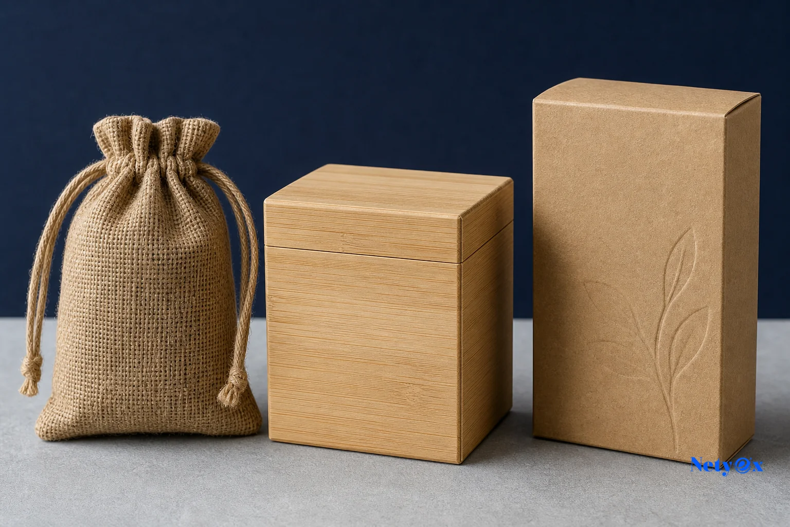 Close-up comparison shot of jute pouch, bamboo box, and kraft carton side by side on a neutral table. Photorealistic close-up product photography of three sustainable retail packaging materials arranged side by side on a light grey surface