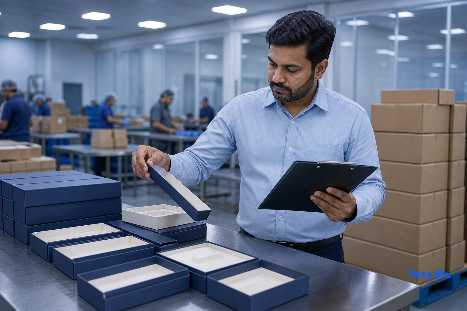 A quality inspector checking finished retail packaging boxes before export shipment. Photorealistic photo of a quality control inspector in an Indian export facility examining finished custom retail packaging boxes on a stainless steel