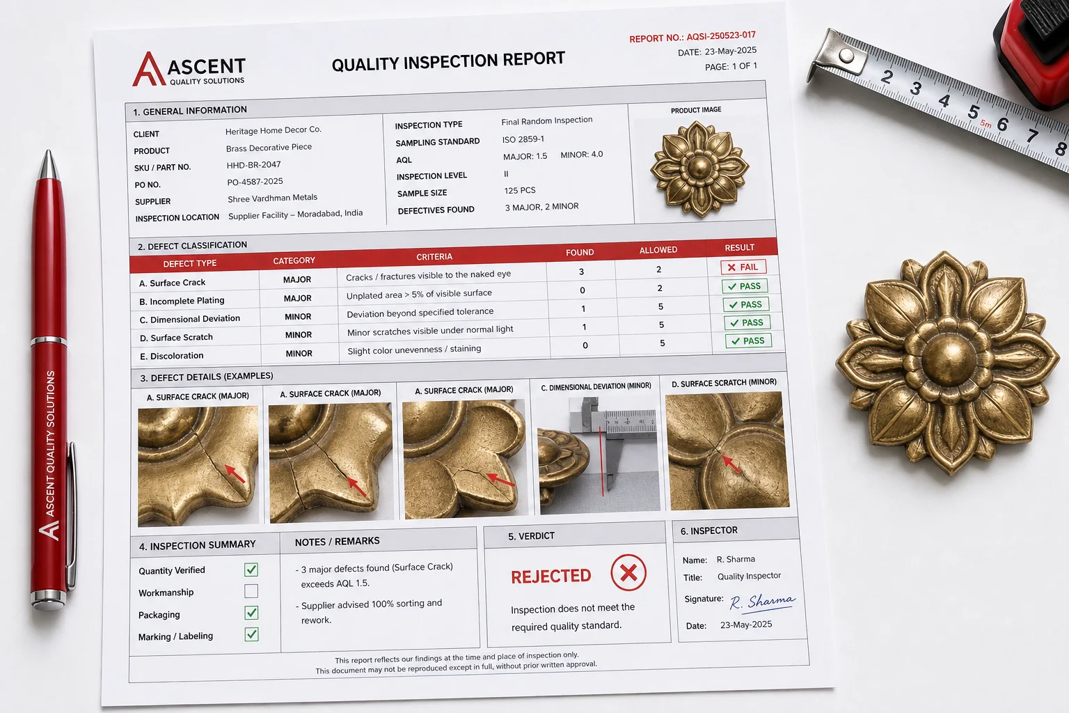 Detailed pre-shipment inspection report document with defect photos, AQL table, and pass/fail verdict alongside brass product sample
