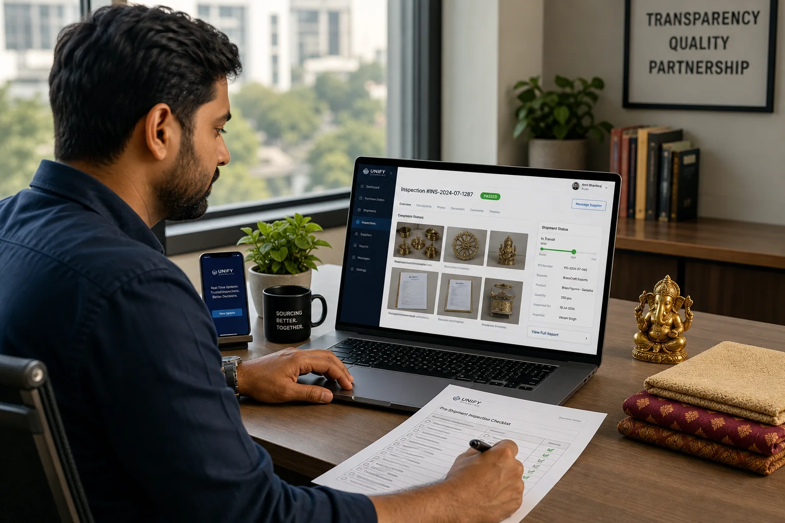 Sourcing specialist reviewing pre-shipment inspection reports on a buyer portal dashboard in a modern India office
