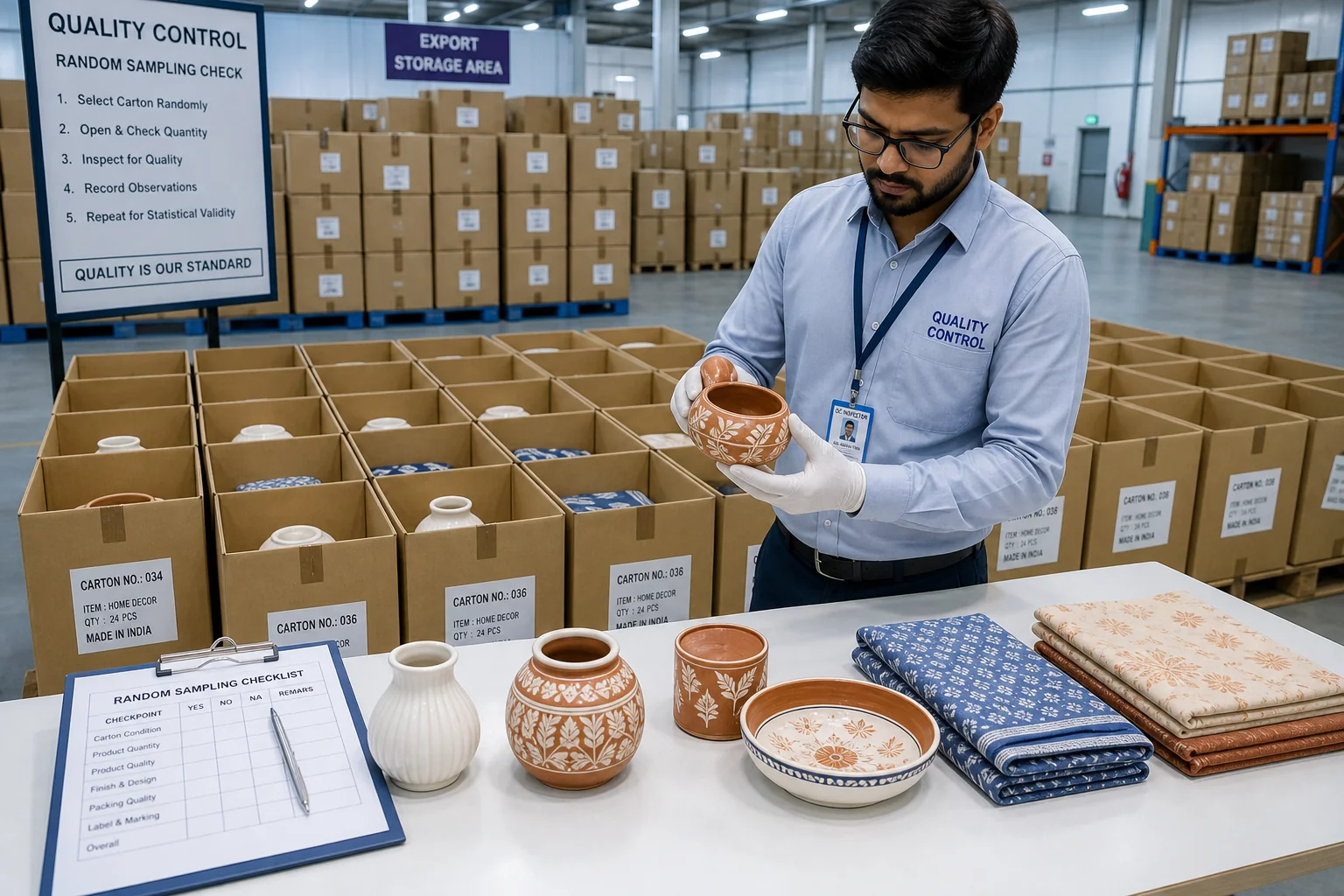 Quality control inspector pulling random product samples from export cartons on an Indian warehouse floor for AQL inspection