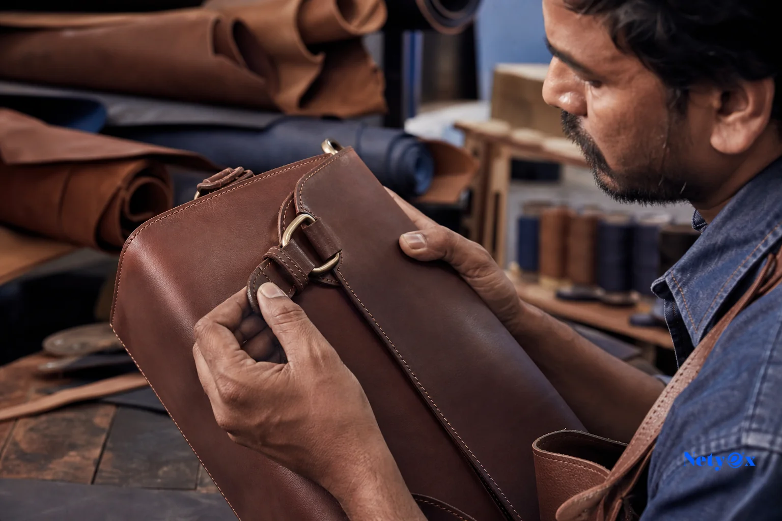 Close-up of a craftsperson inspecting leather handbag hardware and stitching detail in a workshop. Photorealistic close-up photograph inside an Indian leather workshop, a craftsman's hands carefully inspecting the stitching and metal