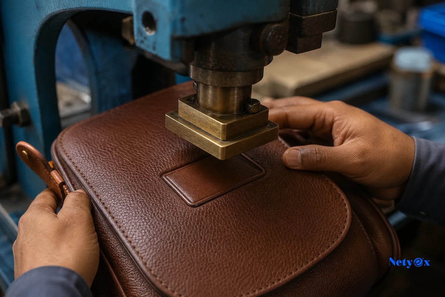 Close-up of custom logo embossing being applied to a leather handbag flap in production. Photorealistic close-up photograph of a leather embossing machine pressing a blank custom logo plate onto a leather handbag flap in an Indian