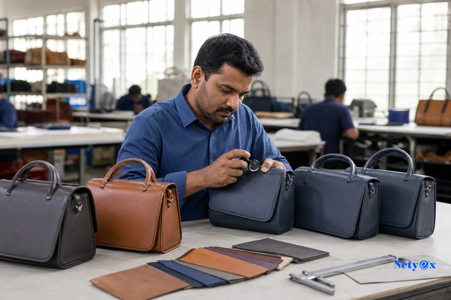 Quality control inspector examining leather handbag samples and swatches on a table with inspection tools. Photorealistic photograph of a quality control inspector in a bright Indian leather goods facility examining several leather handbag