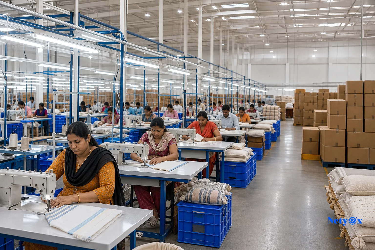 Organized Indian manufacturing facility floor with workers producing home decor goods and cartons ready for export