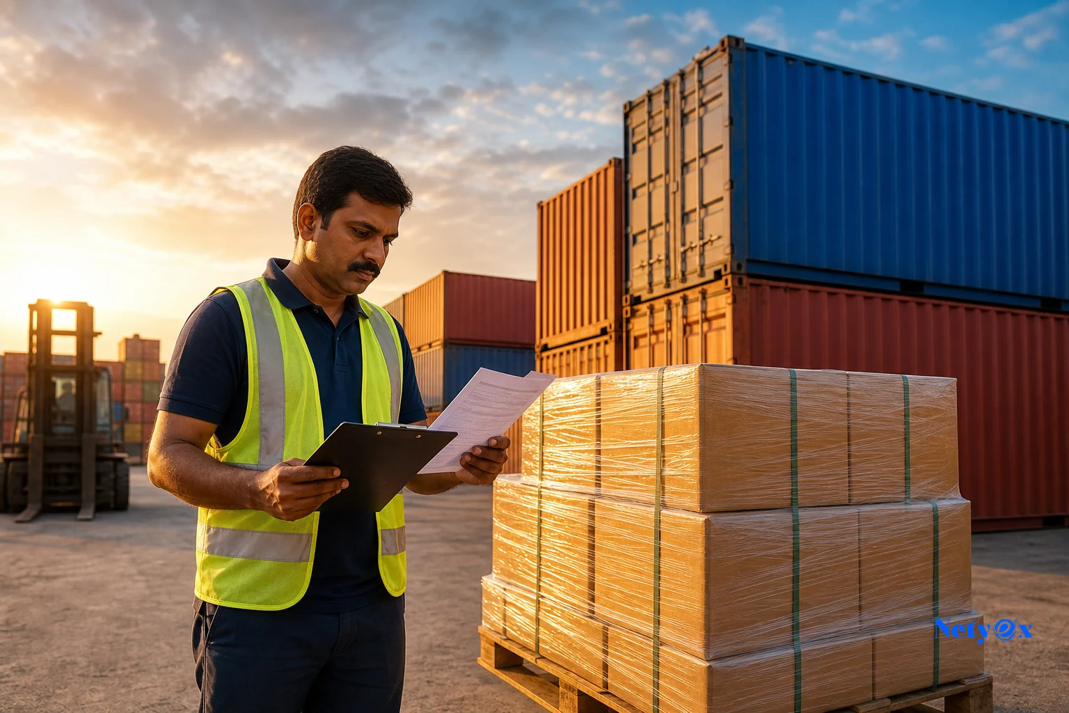 Export logistics yard in India with shipping containers and worker checking packing list during peak shipping season