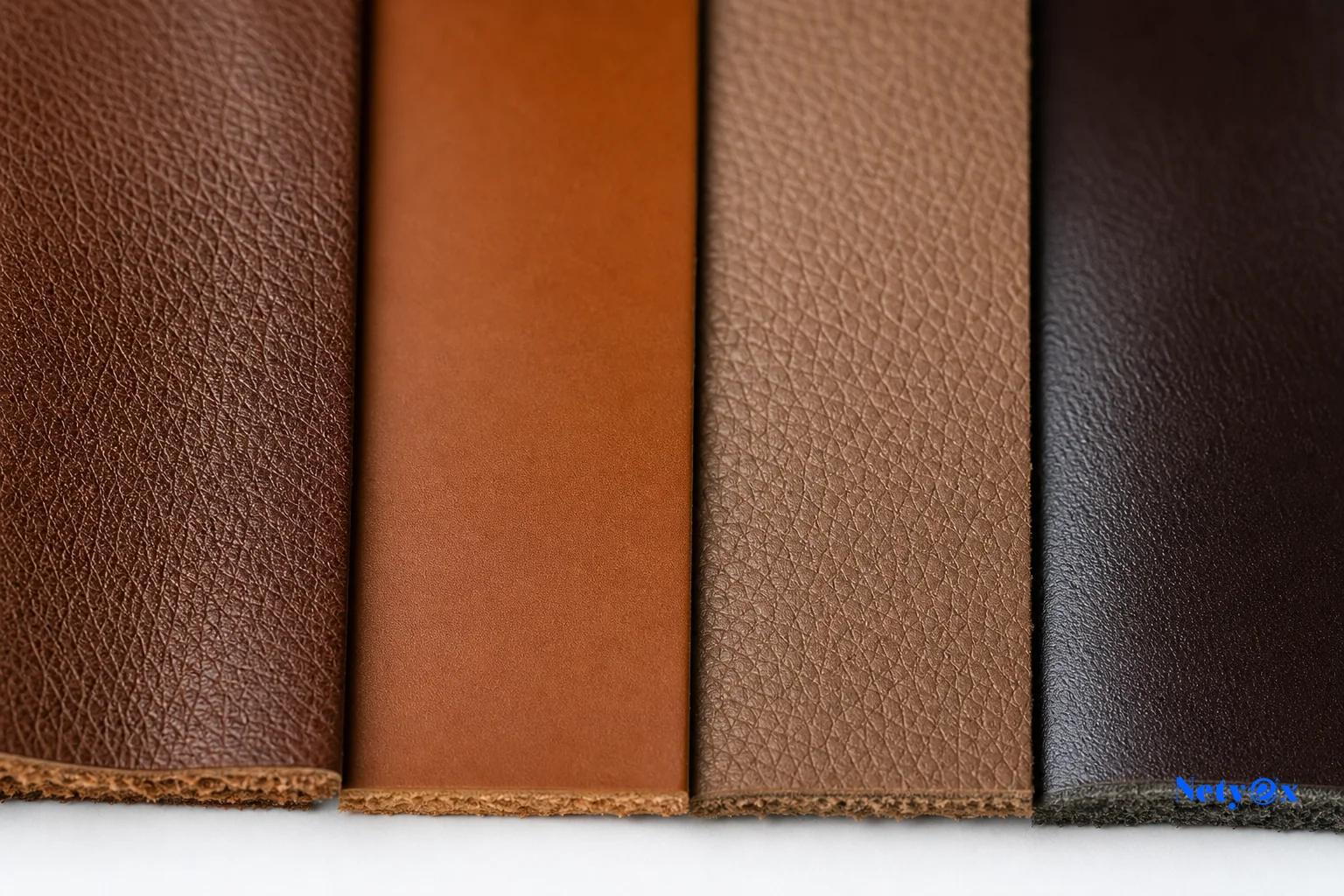 Close-up comparison of different leather grades showing full-grain, top-grain, corrected-grain, and bonded leather textures