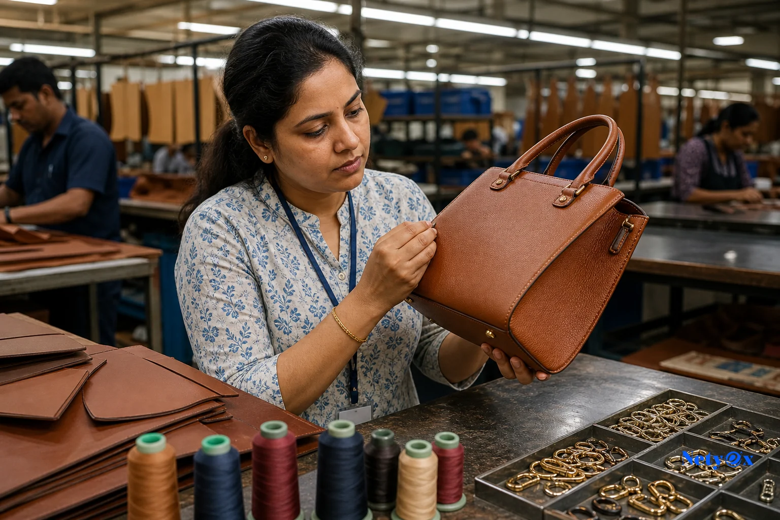 Quality control inspector examining leather handbag stitching and construction in an Indian manufacturing workshop