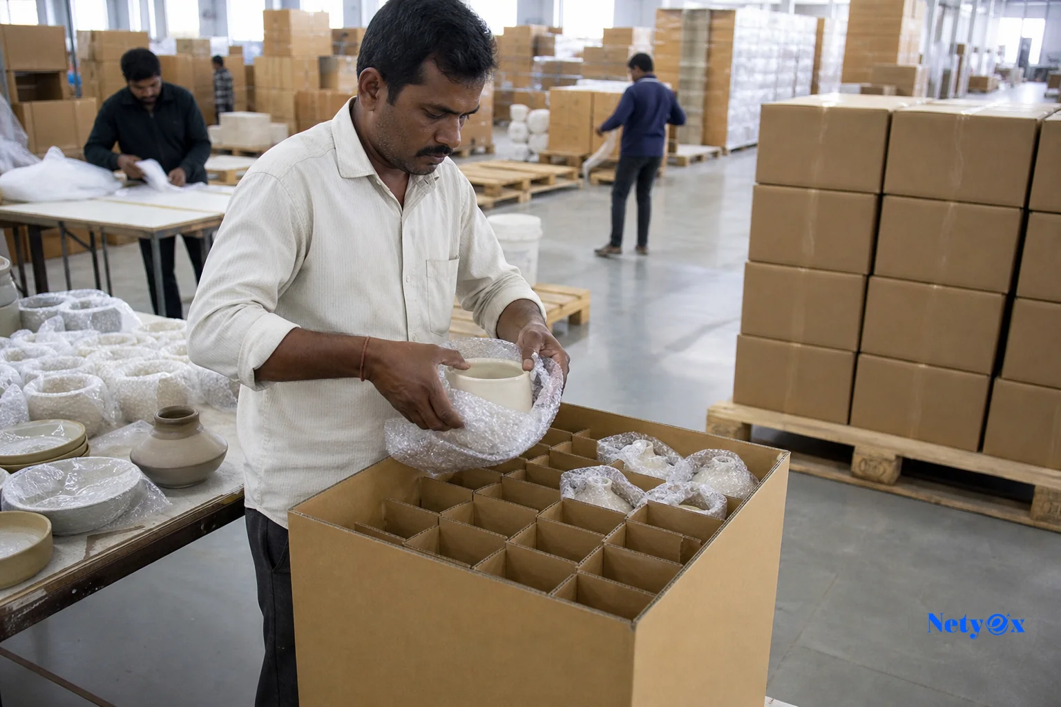Warehouse worker wrapping ceramic pottery pieces and packing them into honeycomb cardboard dividers