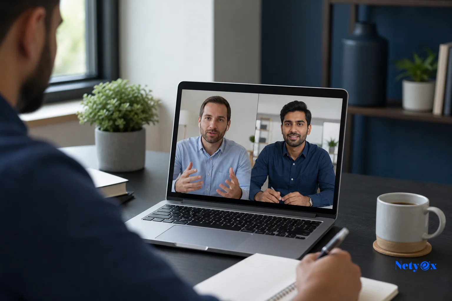 A business meeting or video call between an international buyer and an India sourcing company representative discussing quality control processes. Photorealistic photo of a professional video call in progress on a laptop screen showing a