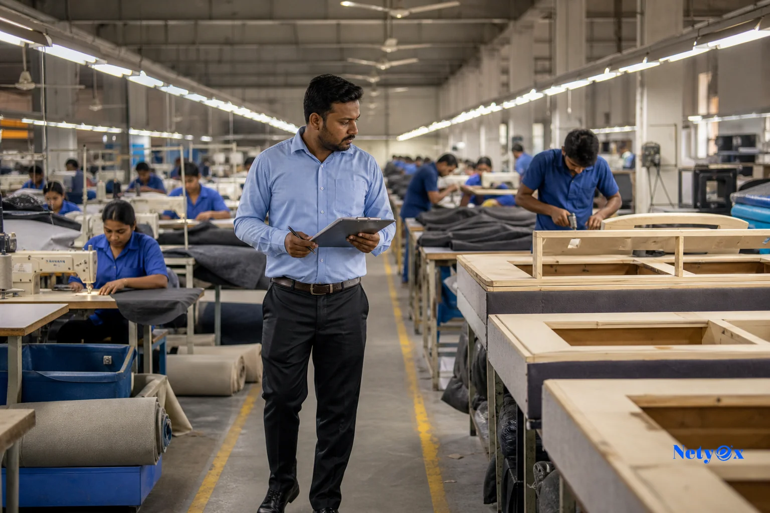 An in-line production inspection at a mid-production stage in an Indian textile or furniture factory, inspector checking partially completed goods. Photorealistic photo of a quality inspector walking through an active production line in an