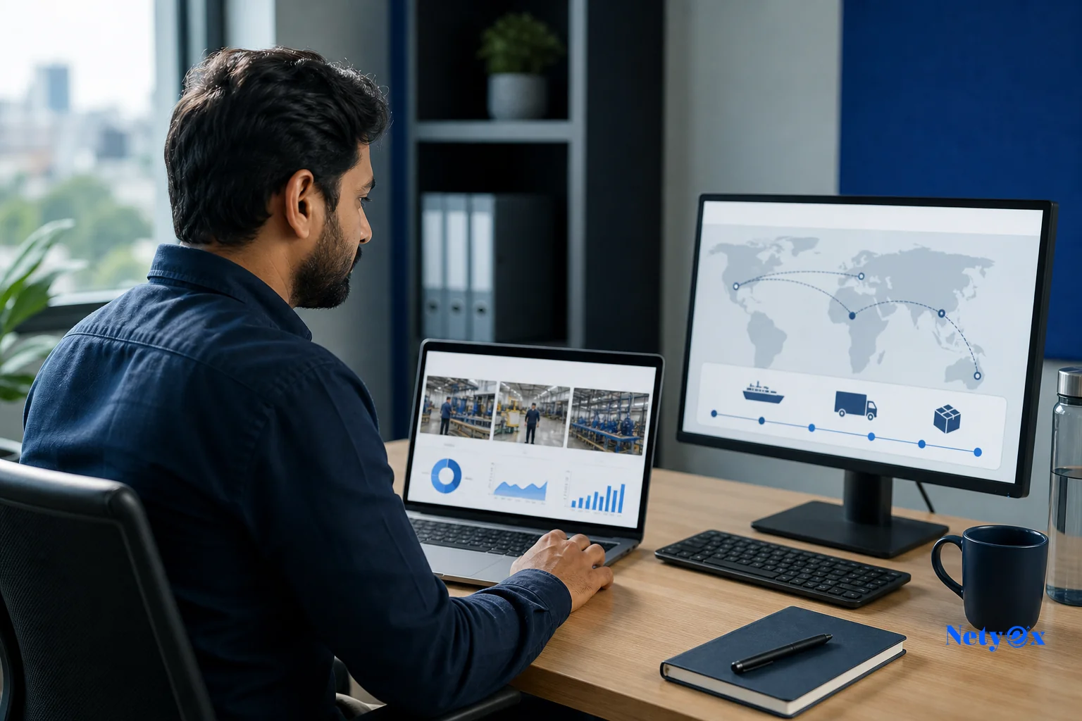 A sourcing specialist reviewing a digital dashboard or buyer portal showing production progress and photos on a laptop or tablet in an office setting. Photorealistic photo of a sourcing professional sitting at a modern office desk in India