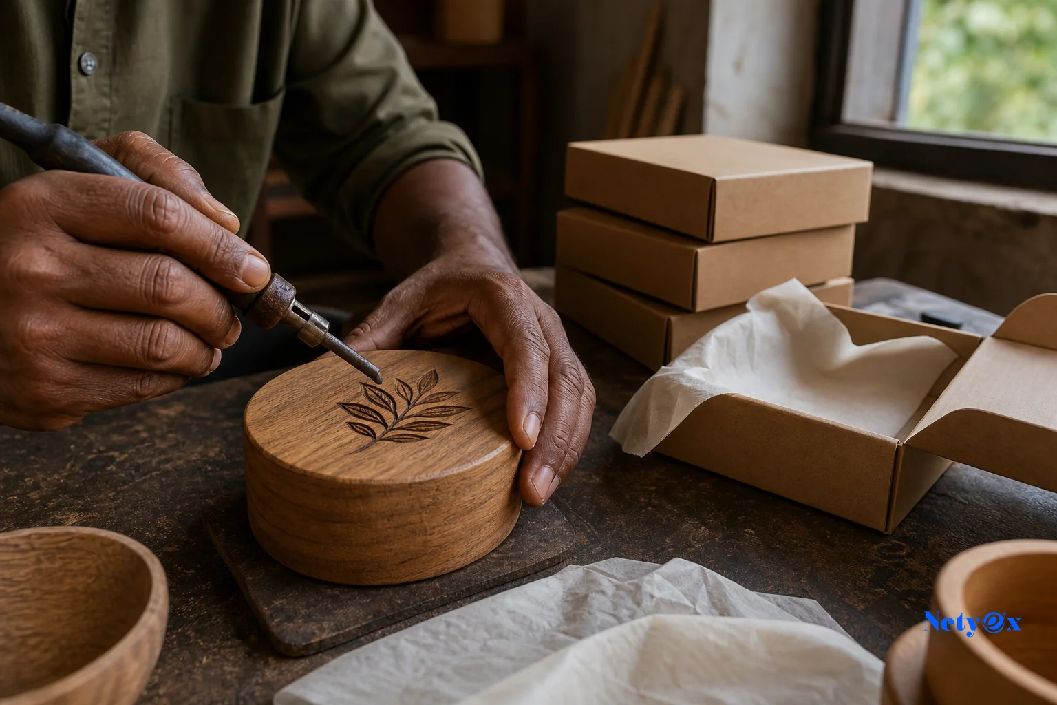 Artisan applying custom logo engraving to a wooden home decor product with branded packaging nearby, representing private label product development from India
