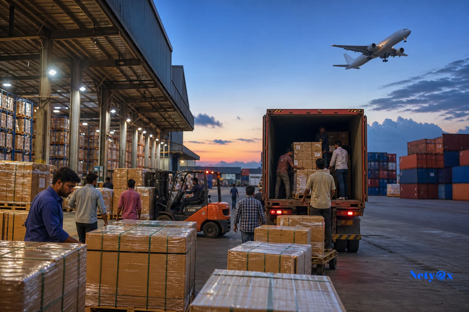 Export logistics hub with packed cargo pallets and a cargo plane in the background, representing shipping products from India to Shopify sellers abroad