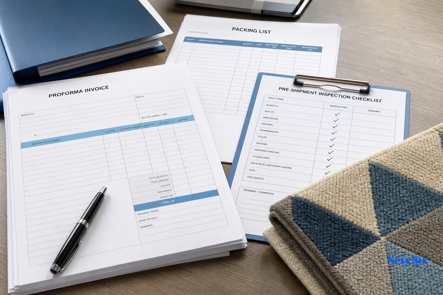 Close-up of documentation: signed proforma invoice, packing list, and inspection checklist on a desk with a rug sample. Photorealistic close-up photo of an organized desk with a printed proforma invoice, a packing list, a pre-shipment