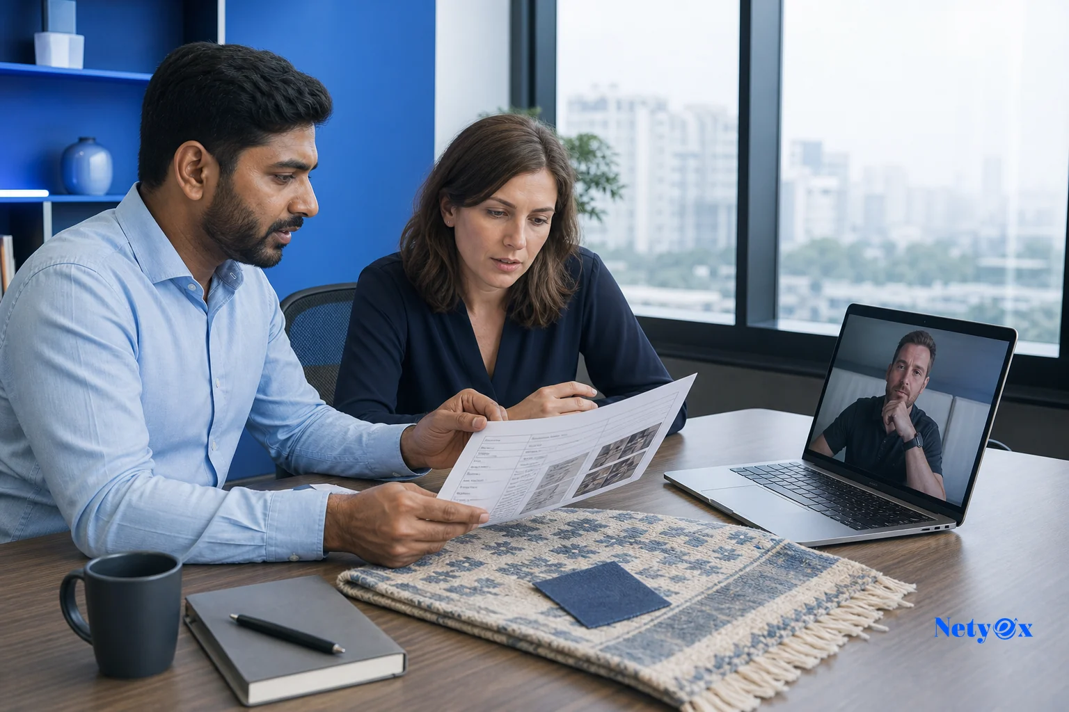 Two professionals reviewing a quality inspection report and rug samples at a desk, resolving a shipment issue. Photorealistic photo of two professionals, one Indian sourcing specialist and one international buyer on a laptop video call