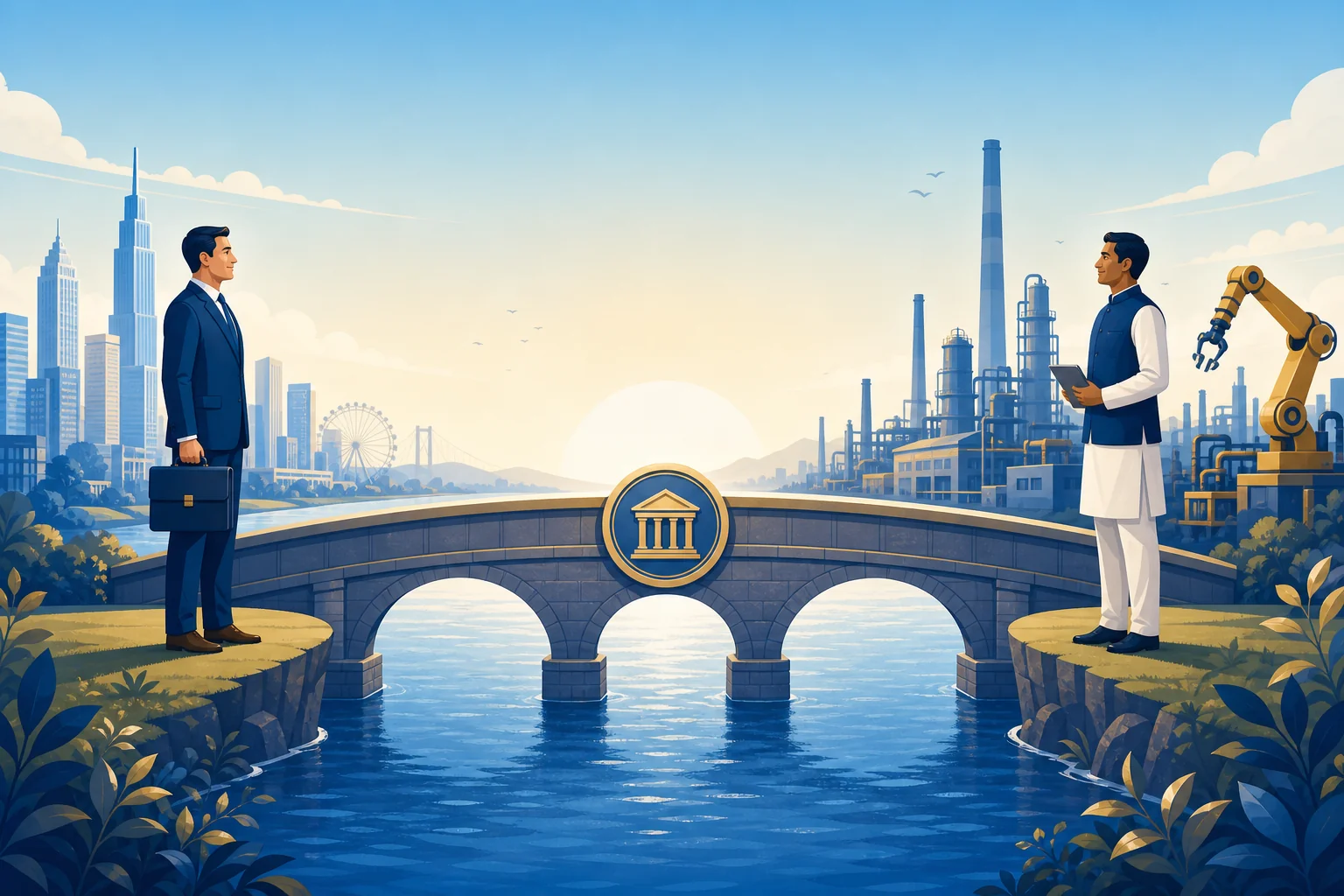 Conceptual illustration of a letter of credit as a secure banking bridge between a buyer and an Indian supplier