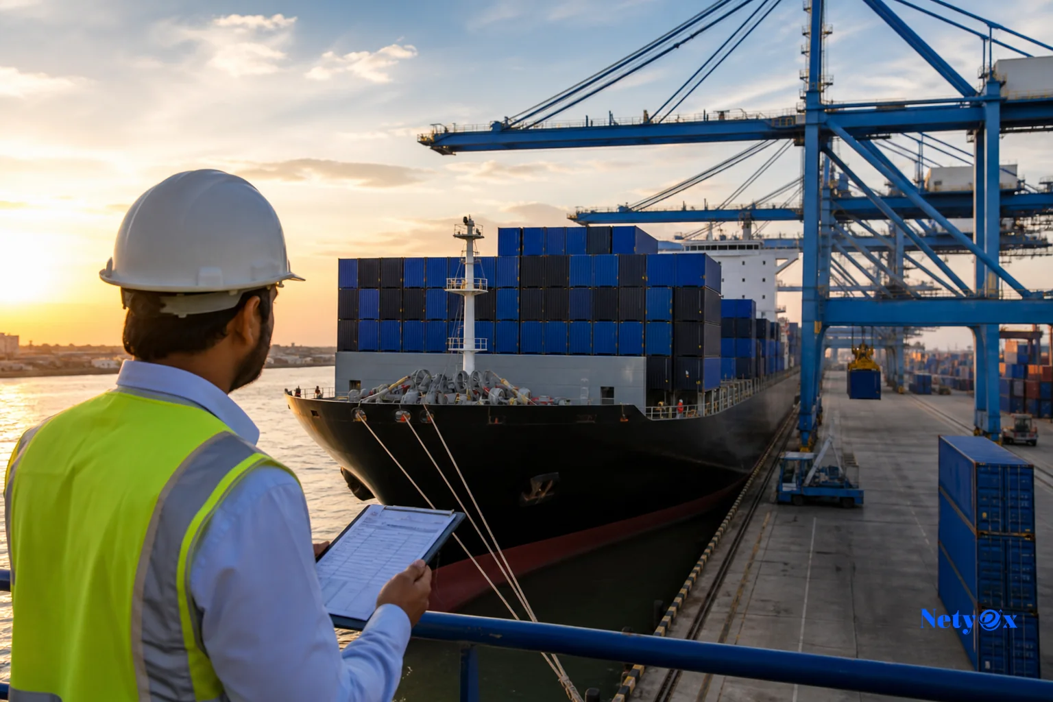 A shipping container being loaded at an Indian port bound for the UAE, representing export logistics and timeline planning. photorealistic photo of a large cargo ship loading shipping containers at an Indian port at golden hour, cranes and