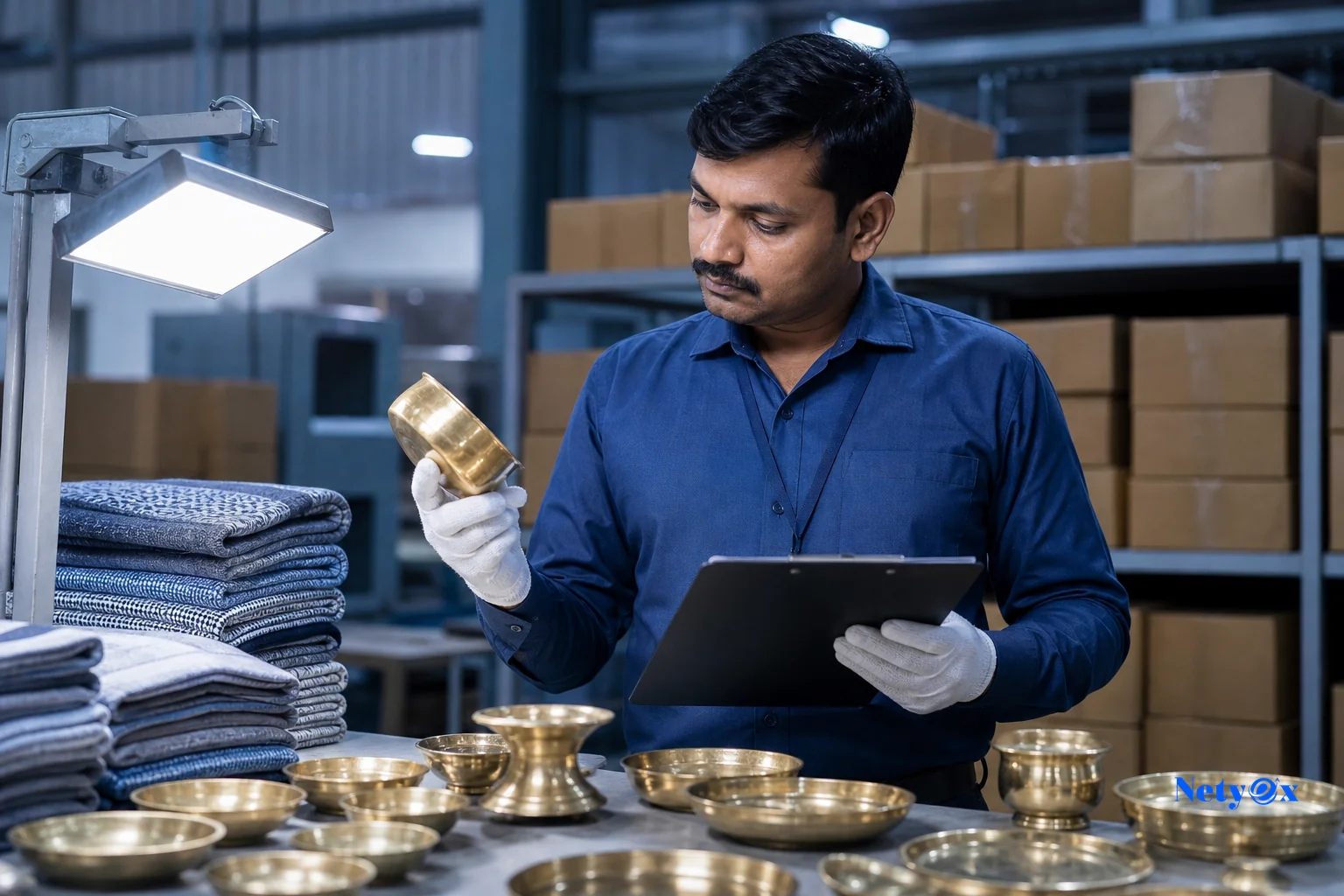 A quality inspector conducting a pre-shipment inspection at an Indian manufacturing facility, checking finished goods like brass or textile products. photorealistic photo of a quality control inspector in a manufacturing workshop in India