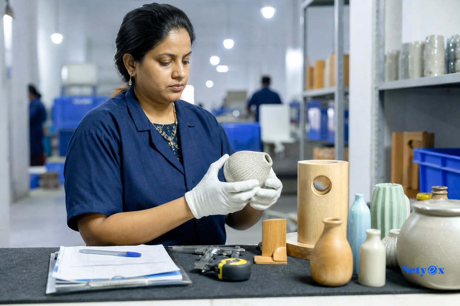 Quality inspector examining home decor products before export. photorealistic photo: a quality control inspector wearing gloves examining ceramic and wooden home decor products on an inspection table in an Indian factory, checklist and