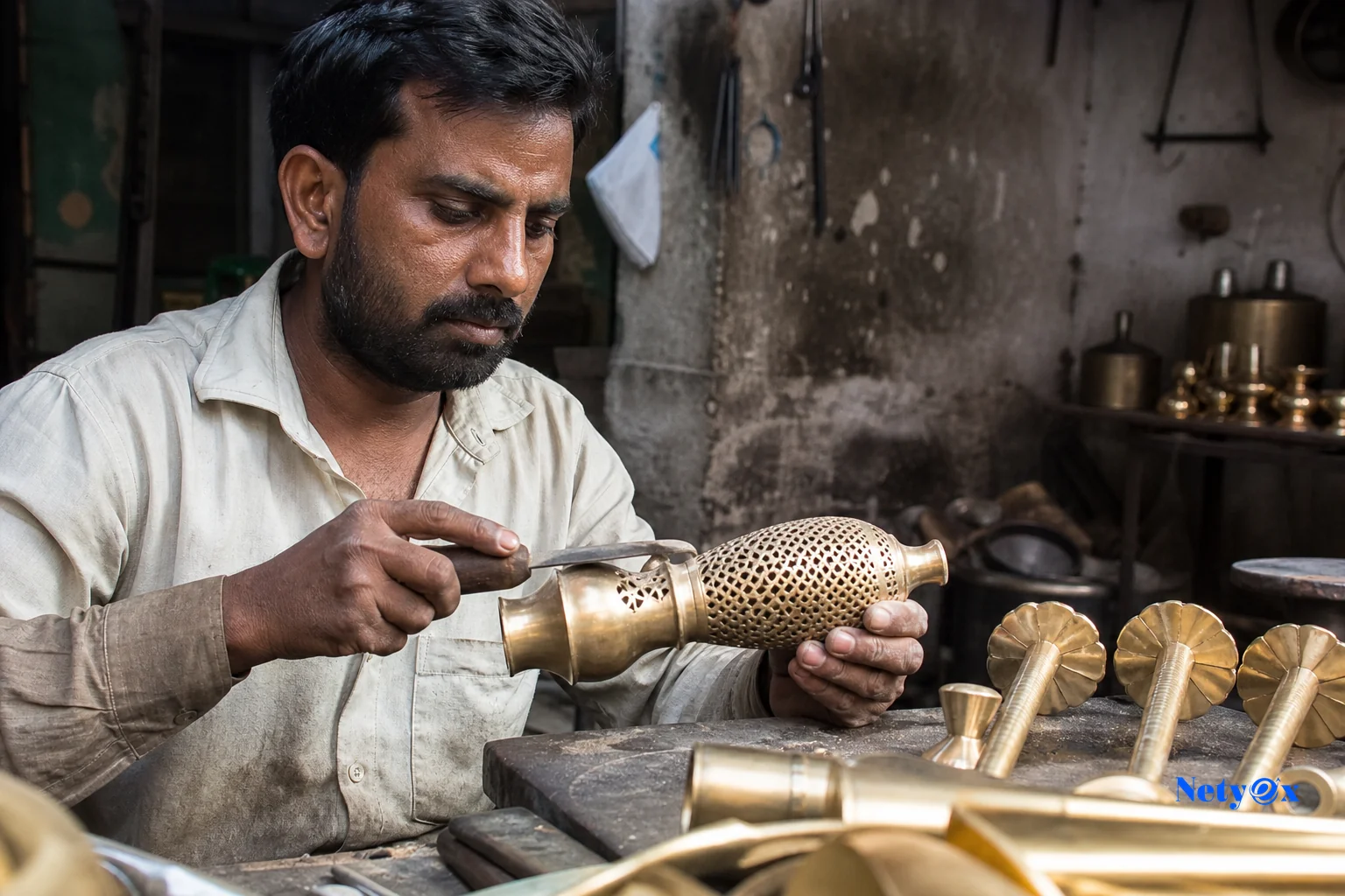 Indian artisan workshop crafting metal or wood home decor items. photorealistic photo: an Indian craftsman in a small manufacturing workshop hand-finishing a brass metal home decor piece, workbench with tools and partially finished items in
