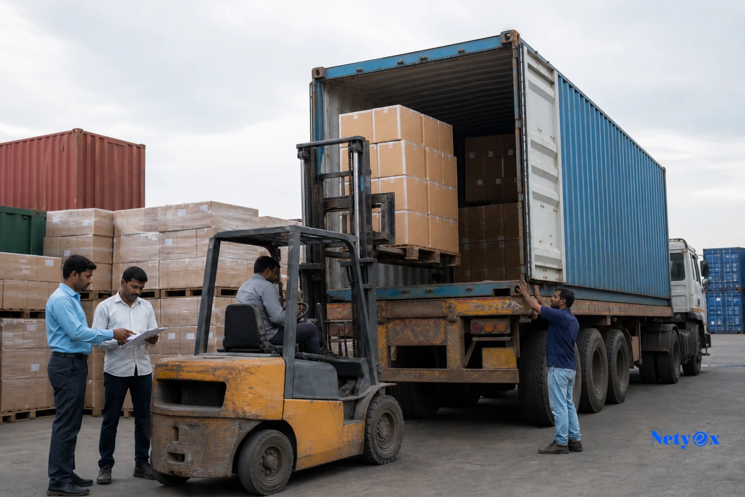 Export cargo being loaded for international shipment from India. photorealistic photo: shipping containers and export cartons being loaded onto a truck at an Indian logistics yard, forklift in motion, workers coordinating with paperwork