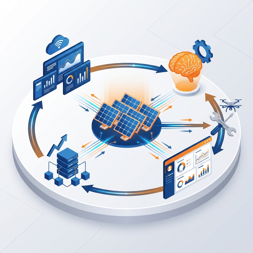 Solar optimization implementation workflow showing integration of AI forecasting and predictive maintenance systems