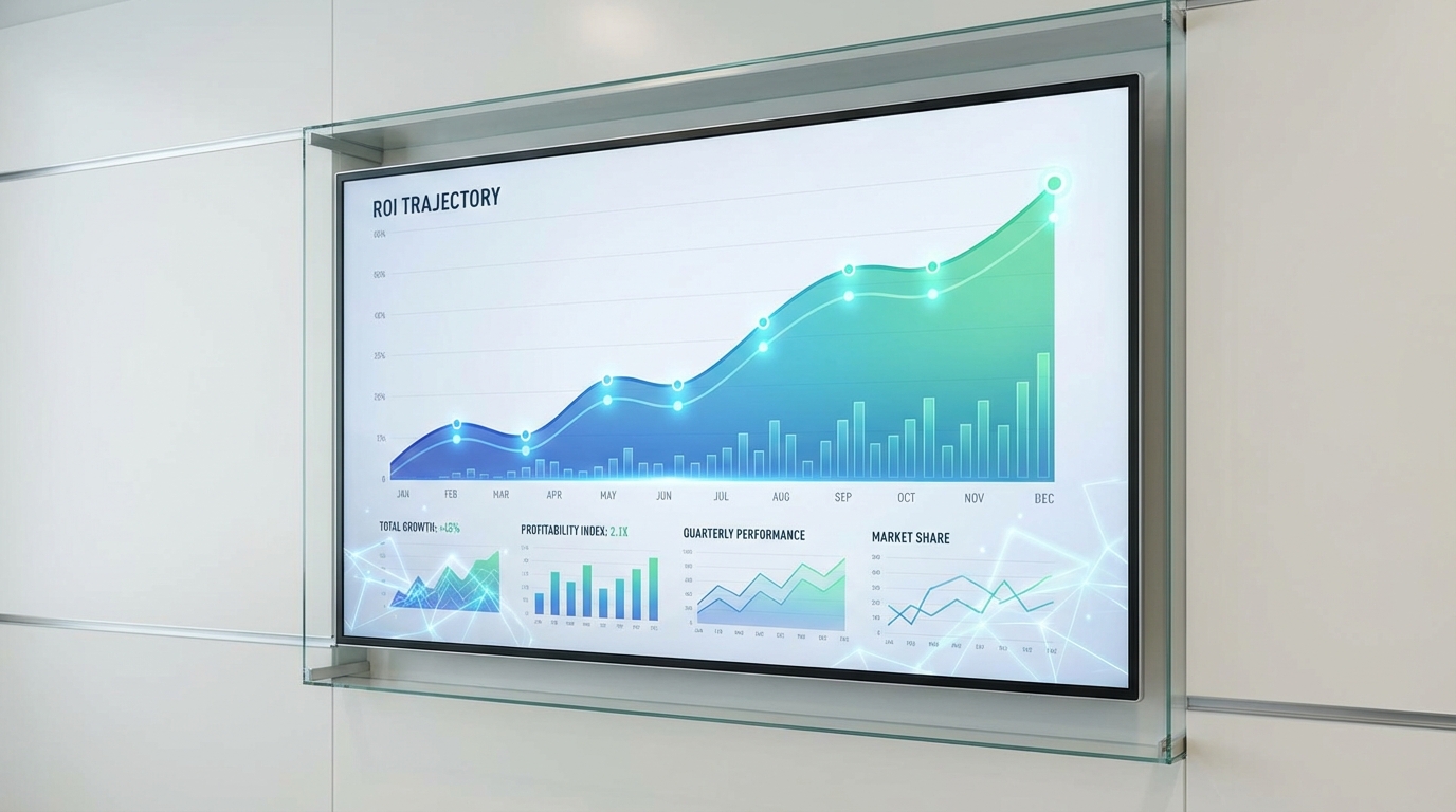 ROI growth chart showing predictive maintenance returns over time with upward trending financial metrics and performance indicators