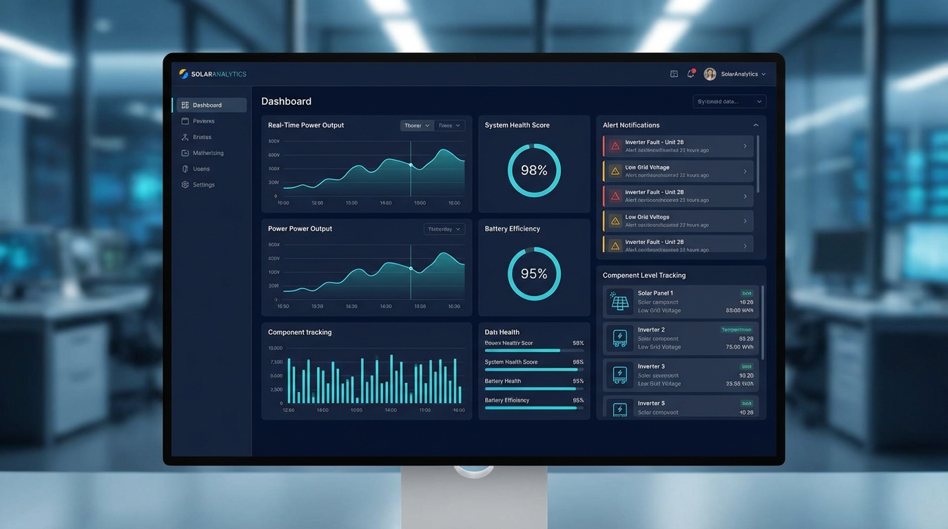 Modern solar monitoring dashboard interface showing real-time analytics, health scores, alerts, and component-level tracking visualizations