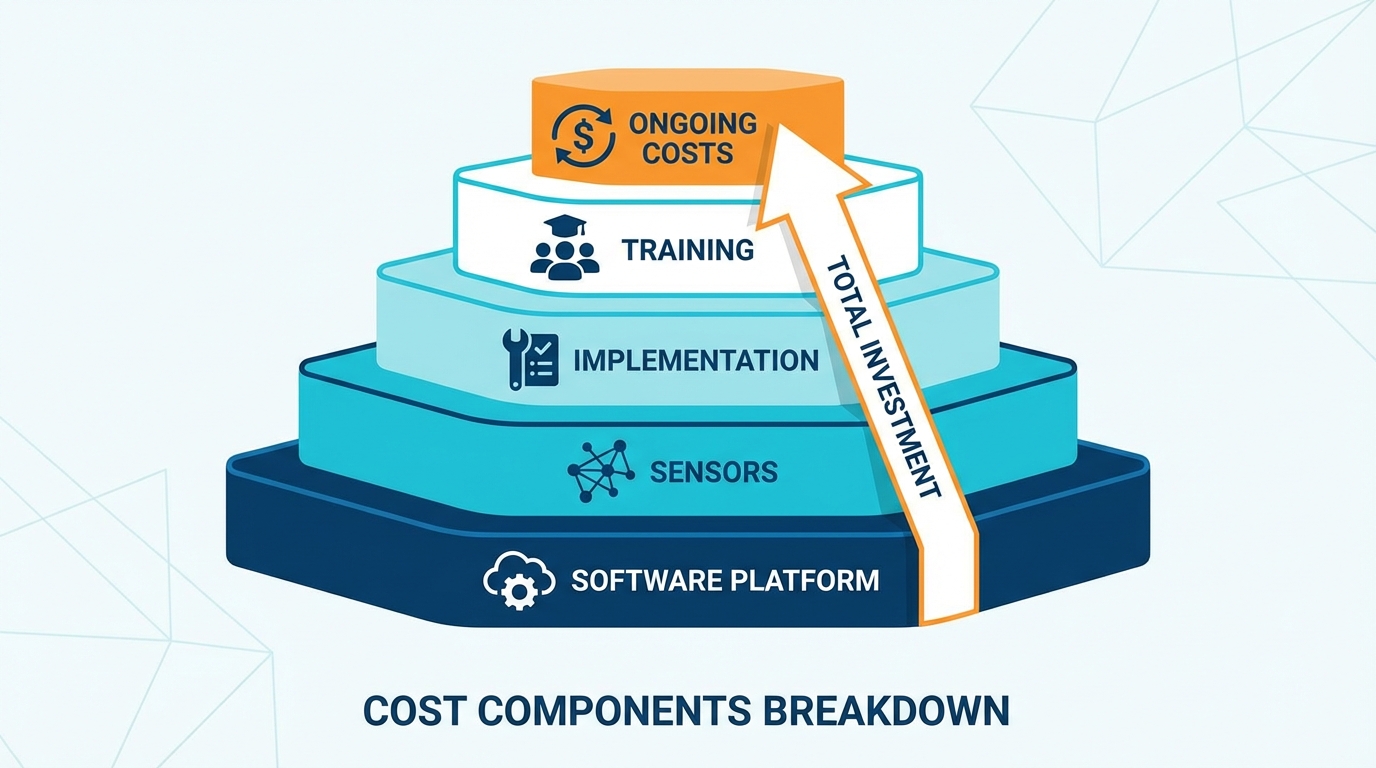 Infographic breakdown of predictive maintenance cost components including software, implementation, training, and ongoing operational expenses