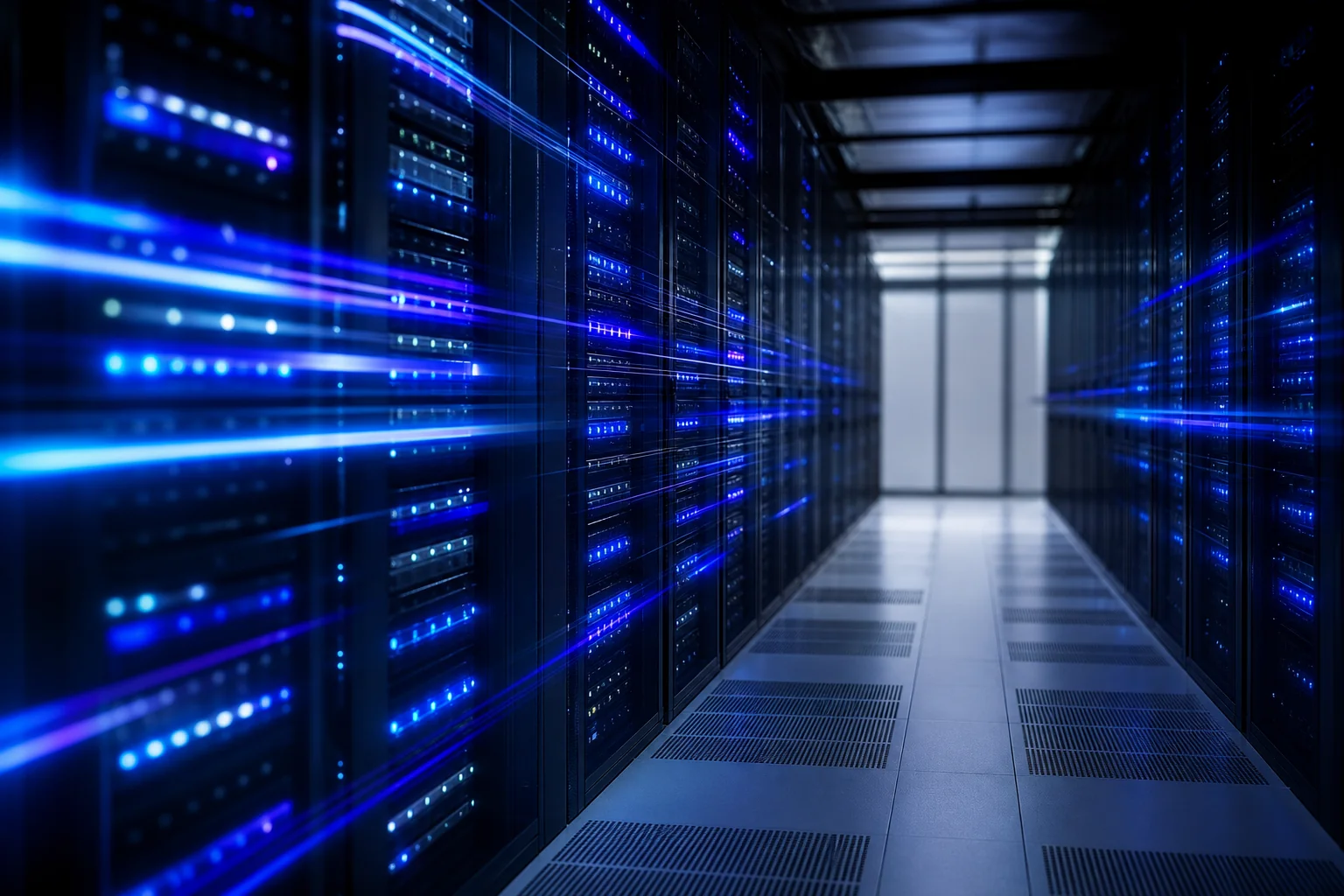 Visual metaphor for high-speed data enrichment and processing large batches of leads. Photorealistic photo of a server room or data infrastructure aisle with rows of illuminated blue and indigo server racks (#5667ed, #5b94dd), subtle motion