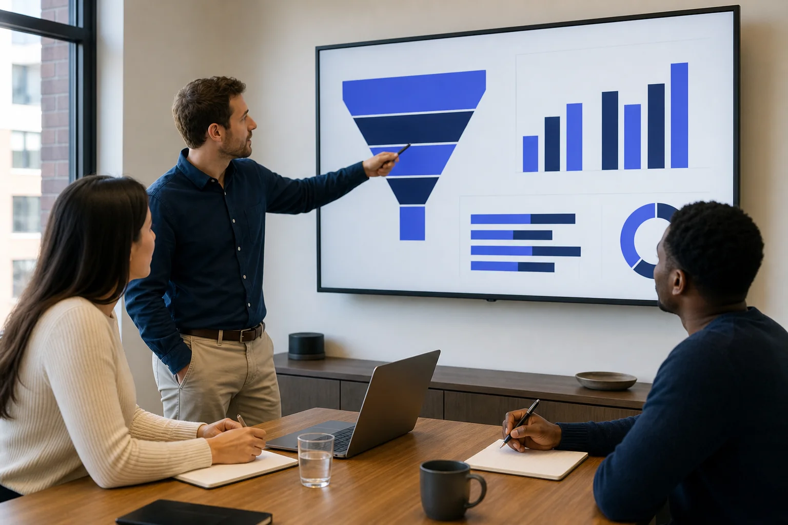 A sales or growth team reviewing a pipeline attribution dashboard together in a meeting. Photorealistic photo of a small team of three professionals in a bright meeting room reviewing a large wall-mounted screen showing abstract pipeline