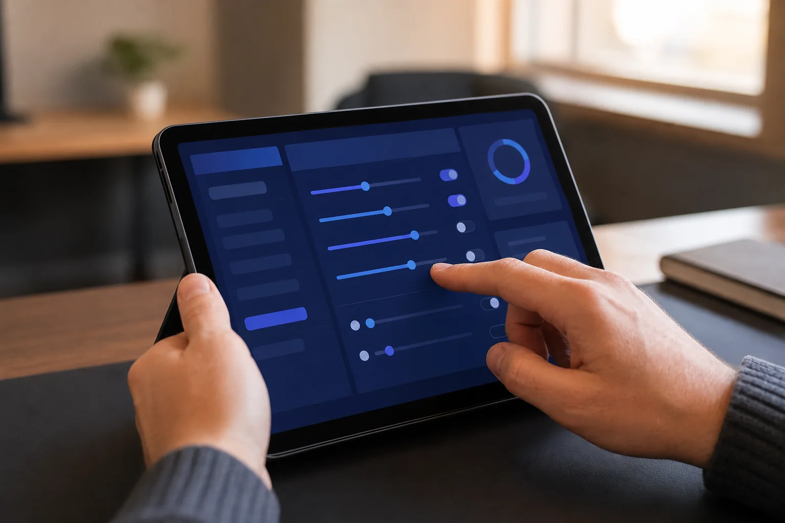 Photorealistic photo of a person's hands adjusting sliders and toggle controls on a tablet displaying a scoring configuration interface with blue and dark navy color scheme (#5667ed, #242d59, #5b94dd), professional office setting, warm