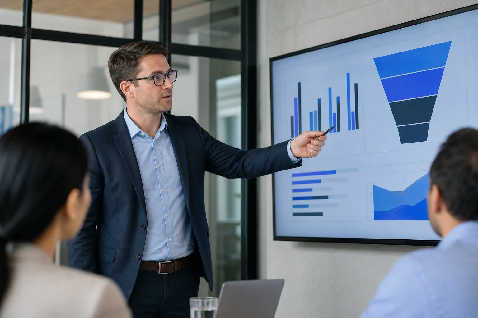 A sales manager reviewing pipeline attribution and conversion charts by lead tier on a large monitor in a meeting room. Photorealistic photo of a sales manager standing in front of a large wall-mounted monitor showing bar charts and funnel