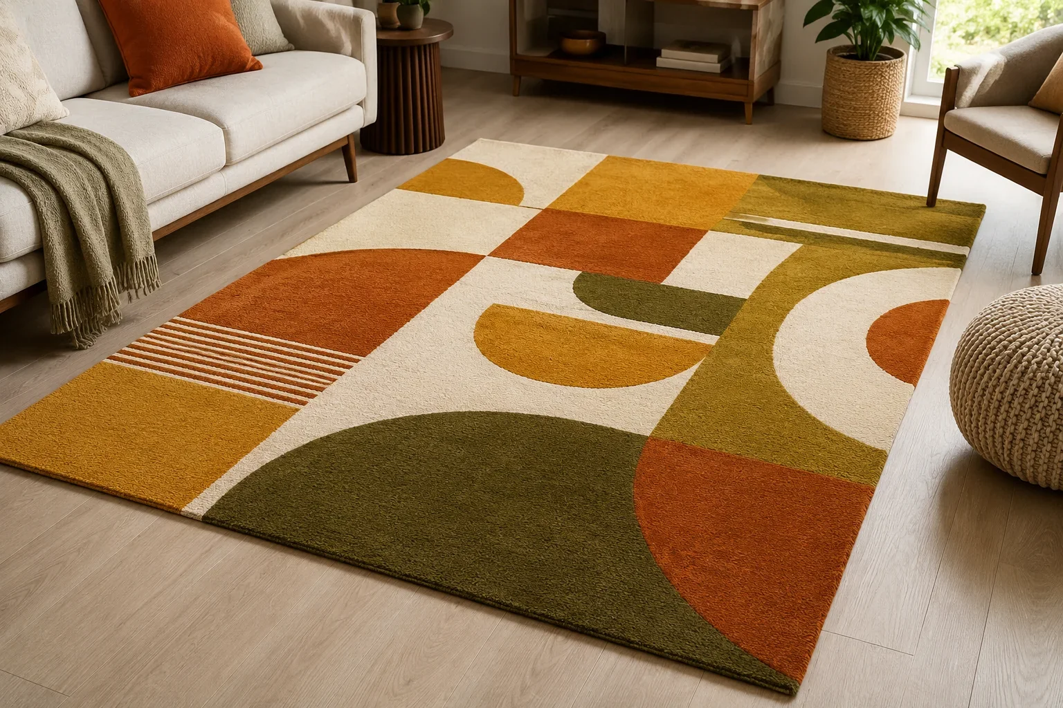Product photo of "Modern Mustard Olive Burnt Orange and Ivory Retro Geometric Hand Tufted Wool Rug". More than simply a floor covering, this geometric wool rug works as a statement piece for the entir